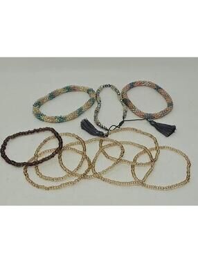 Set of 10 Bohemian Glass Beaded and Braided Bracelets with Tassel